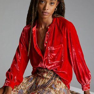 Anthropologie Pilcro Red Velvet Button Down Shirt